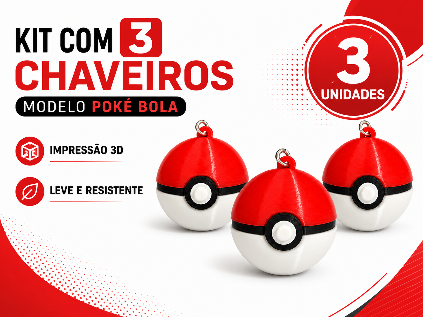 Kit 3 Chaveiros Pokebola